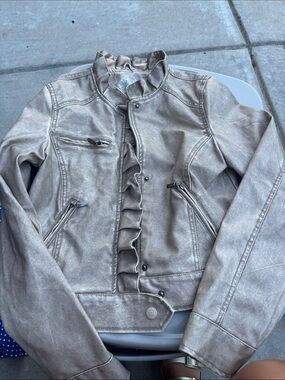 Dollhouse Metallic Taupe Ruffled Faux Leather Jacket